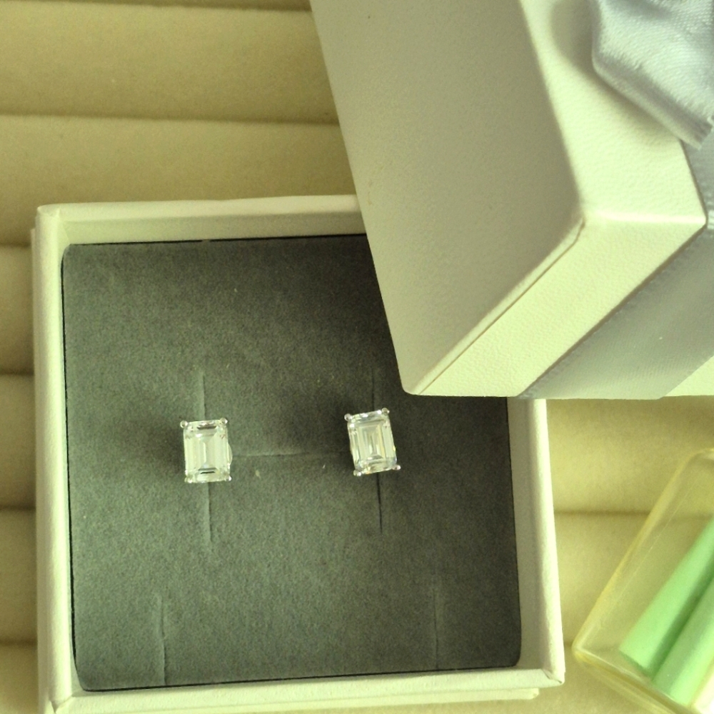 925 Sterling Silver Emerald Cut CZ Stud Earrings